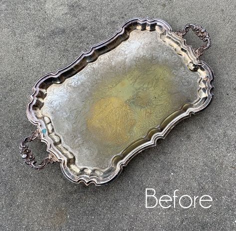 Silver Tray Decor, Tray Makeover, Thrift Store Makeover, Silver Platters, Thrift Store Crafts, Silver Trays, Metal Tray, Trash To Treasure, Metal Trays