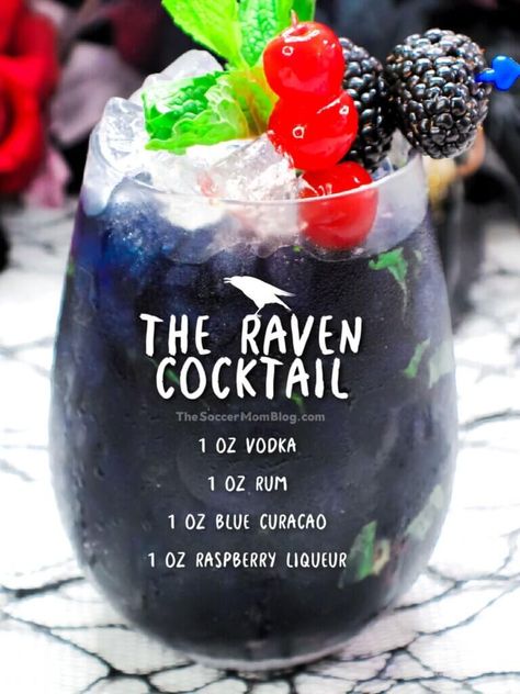 Raven Cocktail, Unique Alcoholic Drinks, Creepy Halloween Party, Halloween Party Drinks, Halloween Cocktail Recipes, Halloween Drinks Alcohol, Halloween Drink, Yummy Alcoholic Drinks, Mixed Drinks Alcohol