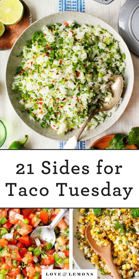 Wondering what to serve with tacos? We've got you covered! These 21 sides to go with tacos are perfect for Cinco de Mayo, Taco Tuesday, or any taco night. | Love and Lemons #tacotuesday #tacos #glutenfree #sidedish #healthyrecipes Sides For Walking Tacos, Taco Ingredients Ideas, Easy Meals For Groups, Taco Tuesday Ideas, Sides With Tacos, Taco Tuesday Recipes, Taco Side Dishes, Mexican Side, Gourmet Tacos