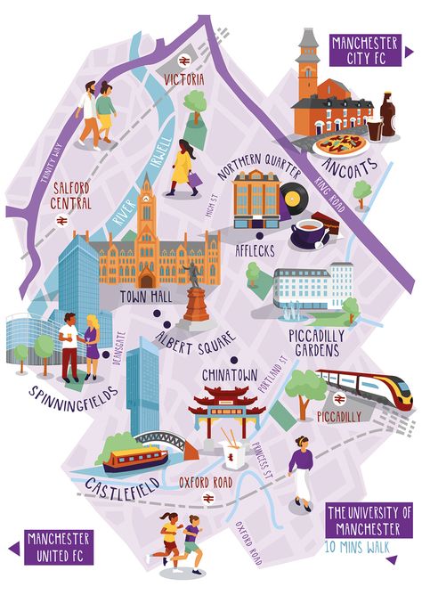 map illustration of manchester city centre for Manchester University Manchester Illustration, Manchester Tourism, London Map Illustration, City Map Illustration, Manchester Oxford Road, Barcelona City Map, Manchester Map, City Maps Illustration, Victoria City