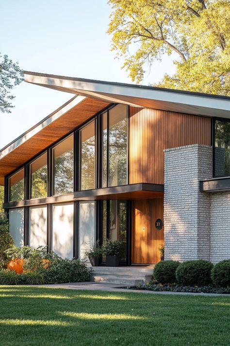 Get ready to discover mid-century modern houses, from sleek lines to funky furniture choices. Japanese Mid Century Modern Architecture, Mid Century Modern Facade, 70s Modern House, Mid Century Modern Staircase, 80s Contemporary House, Modern Classic Facade, Mid Century House Exterior, Ranch Style House Exterior, Mid Century Modern Deck