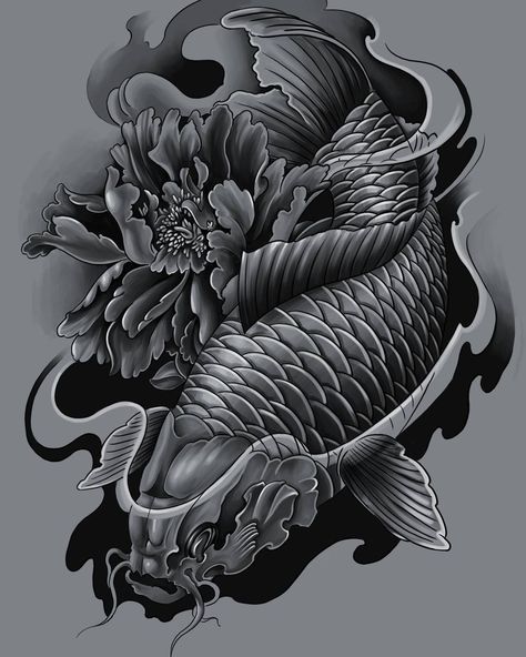 Dark Koi Fish, Black Koi Tattoo, Tatto Koi, Job Tattoo, Dragon Koi Tattoo Design, Koy Fish, Koi Dragon Tattoo, Half Sleeve Tattoos Sketches, Tato Ikan Koi