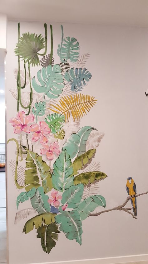 Monstera Leaf Wall Painting, Tropical Leaves Wall Painting, Banana Leaf Wall Art, Banana Leaf Painting On Wall, Tropical Plants Wall Painting, Jungle Leaves Painting, Monstera Wall Mural, Monstera Wall Painting, Leaf Mural Painting