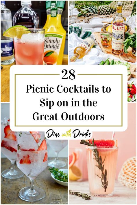 Collage of 4 picnic cocktails. Picnic Drinks Alcohol, Picnic Cocktails, Gin Mixed Drinks, Picnic Drinks, Simply Orange, Travel Drinks, Best Cocktails, Alcholic Drinks, Summer Outdoor Party