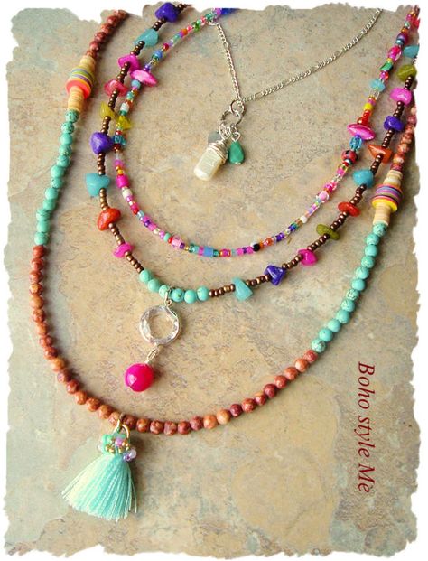 Bohemian Jewelry Colorful Layered Beaded Necklace by BohoStyleMe Layered Beaded Necklace, Turquoise Feather Earrings, Collar Hippie, Boho Jewellery Necklaces, Jewelry Colorful, Indie Jewelry, Modern Necklaces, Hippie Jewelry, Schmuck Design