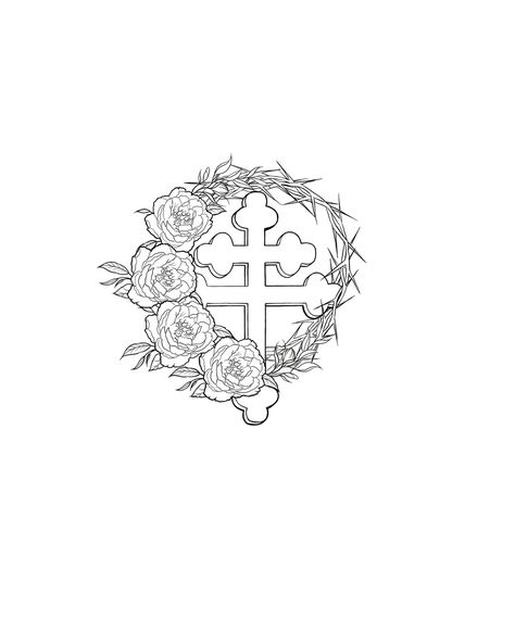 Tattoo design for my ribs by Adam the Tattooist peonies Slovak cross and thorns Crown Of Thorns With Flowers, Slovak Tattoo, Thorn Tattoo, Travel Tattoos, Orthodox Cross, Rose Crown, Haruki Murakami, Crown Of Thorns, Cross Tattoo