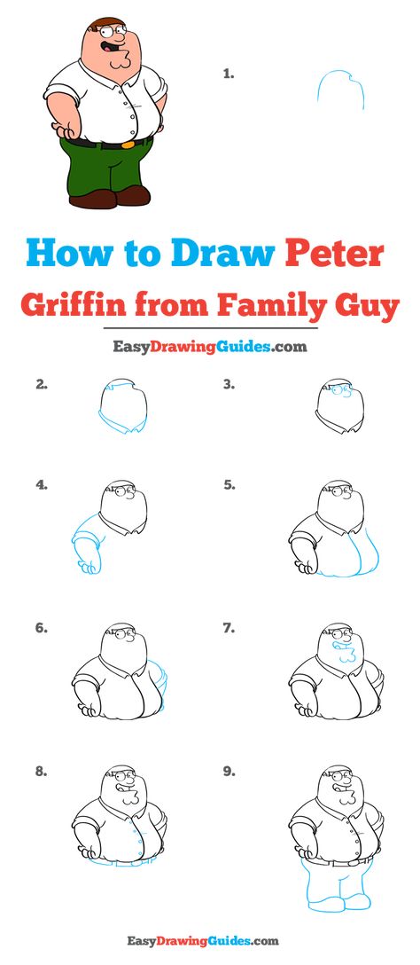 How to Draw Peter Griffin from Family Guy - Really Easy Drawing Tutorial Peter Family Guy, Griffin Drawing, Brian Griffin, Alex Borstein, Lois Griffin, Blending Colored Pencils, Stewie Griffin, Simpsons Drawings, Peter Griffin