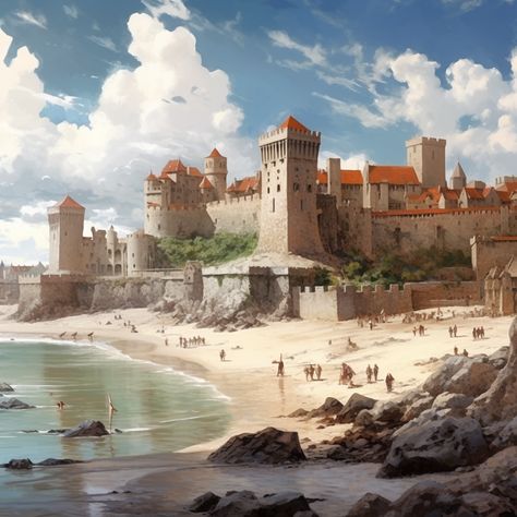 Fantasy Beach City, Medieval Coastal City, Fantasy Walled City, Mediterranean Fantasy City, Fantasy City Concept Art, Fantasy Marketplace, Medieval City, Landscape Concept, Walled City