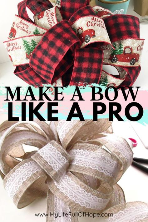 Do you ever wonder how do they create those huge beautiful bows that you see in the stores? Or maybe you're tired of spending money on cheaply made bows. Well, today I am going to show you how you can create your very own custom bows. #diybows #bows #howmakeabow #easybowmaking Diy Wreath Bow, Bow Making Tutorials, Christmas Bows Diy, Homemade Bows, Bridesmaid Diy, Make A Bow, Christmas Tree Bows, Bows Diy Ribbon, Diy Bows