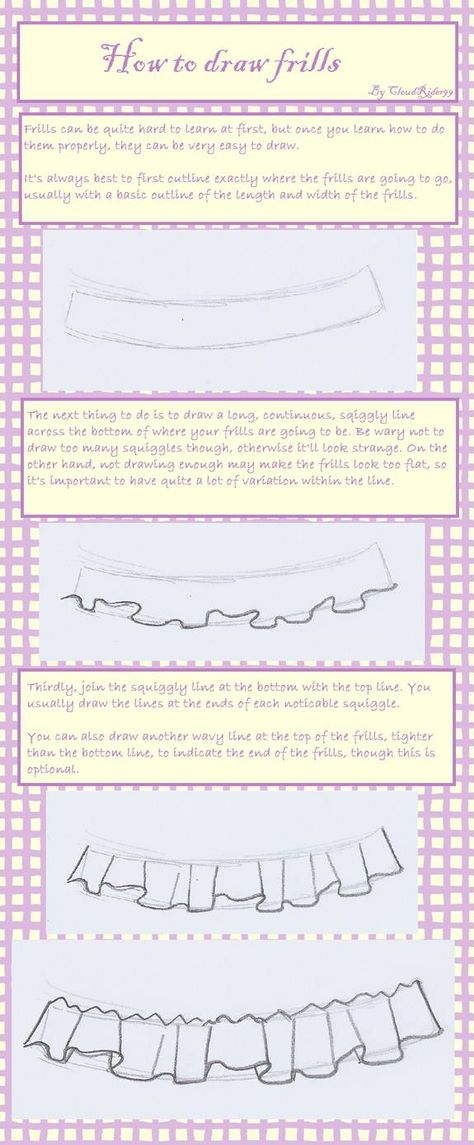 Draw Frills, Ruffle Drawing, Ruffles Drawing, Lace Drawing, Manga Tutorial, Anime Tutorial, Skirt Ruffle, Guided Drawing, Fashion Design Drawings