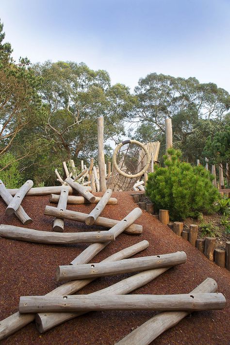 Wooden Playground Diy, Natural Water Playground, Log Playground Ideas, Natural Wood Playground, Brick Playground, Small Playground Design, Earthscape Playground, Natural Playground Backyard, Natural Playground Diy