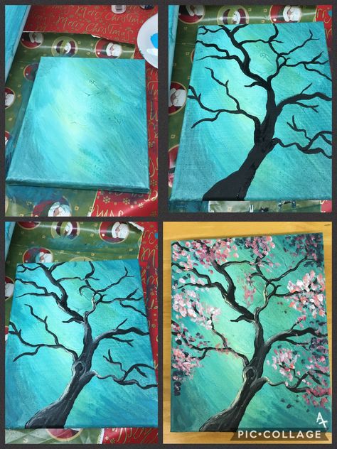 Step by step pink flowering tree painting with pretty teal blue background. Painting Acrylic Trees Tutorials, Blue Tree Painting, Wine And Paint Night Ideas, Teal Painting Ideas Canvas, Blooming Tree Painting, Canvas Template, Flowering Tree, Paint Nite, Simple Canvas Paintings