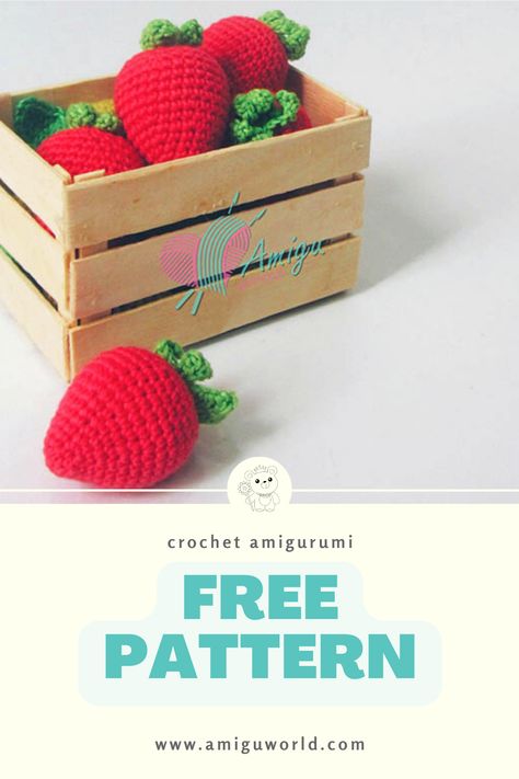 Fancy some fruit amigurumi? This refreshing strawberry crochet pattern is just for you. You love crocheting a sweet lovey, and this one is as cute as can be! Let's crochet with AmiguWorld. 3d Strawberry Crochet, Amigurumi Patterns, Planet June Crochet Patterns, Diy Strawberries Crafts, Mini Strawberry Crochet Pattern Free, Crochet Strawberry Plush Pattern Free, Crochet Ideas Strawberry, Crochet Strawberries Pattern Free, Crochet Keychain Fruit