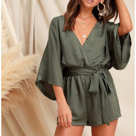 Olive Green Romper Olive Green Romper Outfit, Green Romper Outfit, Honeymoon Essentials, Olive Green Romper, Recruitment Outfits, Green Romper, Muted Green, Green Rompers, Boho Style Outfits