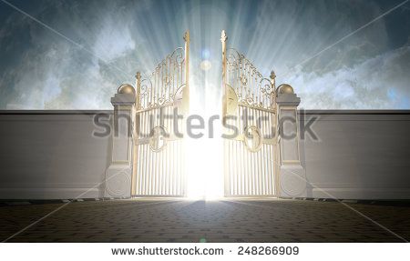 A depiction of the pearly gates of heaven opening with the bright side of heaven contrasting with the duller foreground  - stock photo Heaven Is Real, Powerful Names, Biblical Names, Pearly Gates, Heaven's Gate, Names Of God, Bible Knowledge, Jesus Is Lord, To Heaven