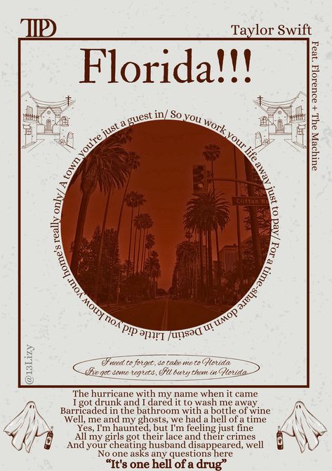 Florida!!!- Taylor Swift- TTPD - the tortured poets department- Florence + The Machine- poster- music poster- room poster Swift Party, Taylor Swift Playlist, Taylor Swfit, Swift Bracelets, You Give Me Butterflies, Swift Concert, Swift Wallpaper, Taylor Lyrics, Swift Lyrics