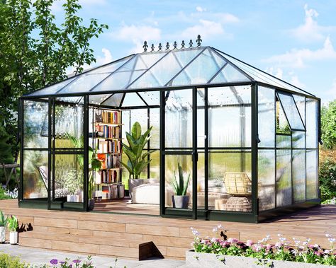 PRICES MAY VARY. 14x9.5x9FT Hobby Greenhouse & Sunroom: 9 FT overall height, extra large space to accommodate more plants, or used for recreation house, without the feeling of being cramped. Upgraded 6 FT wall height, easy to access, and no need to bend over Walk-in Greenhouse for Better Ventilation: 2 wide swing doors (with door hooks) for easy entry to machineries and people. 2 eight-level adjustable side vents for air convection to manage excess moisture of the backyard greenhouse Solid Mater Greenhouse Sunroom, Outdoor Sunroom, Aluminium Greenhouse, Winter Greenhouse, Swing Doors, Lean To Greenhouse, Hobby Greenhouse, Polycarbonate Greenhouse, Walk In Greenhouse