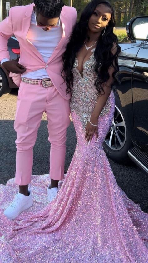 Pink Silver Prom Dress, Pink Prom Dress Black Couple, Pink And White Prom Black Couple, Pink And Silver Prom Dresses, Prom Inspo Black Couples, Pink Prom Couple Black People, Pink Prom Dresses Couple, 2023 Prom Dresses Pink, Prom Dress Inspiration Pink