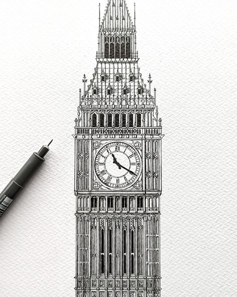 My drawing of Big Ben, London. Pencil Art Building Drawings, Croquis, London Clock Tower Sketch, Drawing Of Architecture, Drawn Houses Illustrations, Drawing On Big Paper, Drawing Old Buildings, London Buildings Drawings, Pen Art Work Building