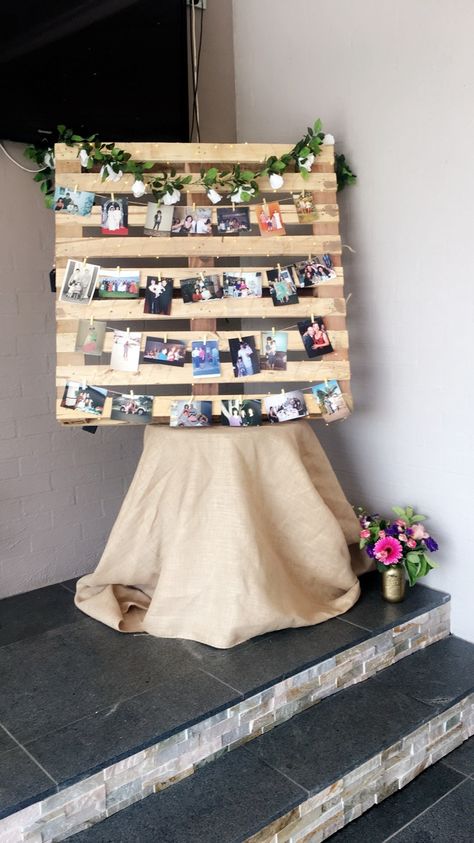 Pallet Wedding Photo Display, Pallet With Pictures For Wedding, Peg Photo Display, Wooden Pallet Photo Display, 50th Anniversary Photo Display, Photo Pallet Display, Engagement Party Photo Display, Glastonbury Party, Pallet Photo Board