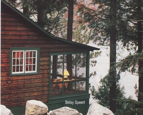 Lake Cabins Exterior, Cabin Color Schemes Exterior, Log Cabin On Lake, Cabin Screened In Porch, 1950s Cabin, Cabin By Lake, Lake Log Cabin, Betsy Speert, Lake House Cabin