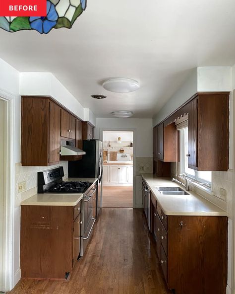 Before & After: A “Claustrophobic” Kitchen Becomes an Airy Neutral Oasis Bright Galley Kitchen, Half Galley Kitchen, Small 80s Kitchen Remodel, Large Galley Kitchen Ideas, Open Galley Kitchen To Living Room, Small Kitchen Dining Area Ideas, Galley Kitchen With No Windows, Windowless Galley Kitchen, Long Galley Kitchen With Island