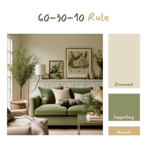 𝟲𝟬-𝟯𝟬-𝟭𝟬 𝗿𝘂𝗹𝗲 A classic principle in interior design that helps create a balanced and harmonious color scheme in a space. Here’s how it works: 60% of the room should be in the dominant color, which sets the overall tone and is typically a neutral or subdued hue. This includes walls, large area rugs, and perhaps a sofa. 30% is the secondary color that supports the dominant color and adds depth. This could be for curtains, accent chairs, or bedding. 10% is for the accent color, which provides... Green Grey Cream Living Room, Beige Walls Green Couch, Tan And Green Color Scheme, Brown Grey And Green Living Room, Green Beige And Gold Living Room, Green And Gold Living Room Color Scheme, Living Room Green And Beige, Gray Green Gold Living Room, Two Tone Green Living Room