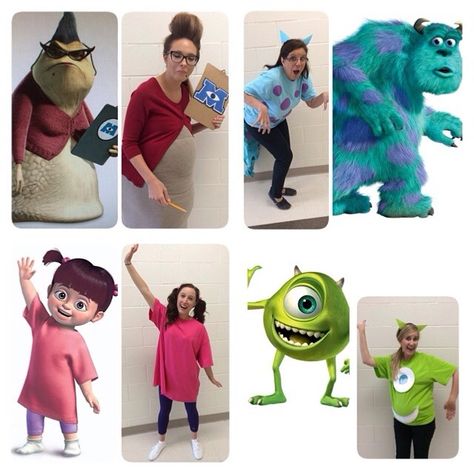 Monsters Inc Group Costumes                                                                                                                                                                                 Más Group Costumes Ideas For Work, Monsters Inc Dress Up, Monsters Inc Group Costume Diy, Monster Inc Group Costumes, Monsters Inc Costume Ideas, Disney Dressup Ideas, Monsters Inc Halloween Costume Families, Monsters Inc Disney Outfit, Group Character Costumes