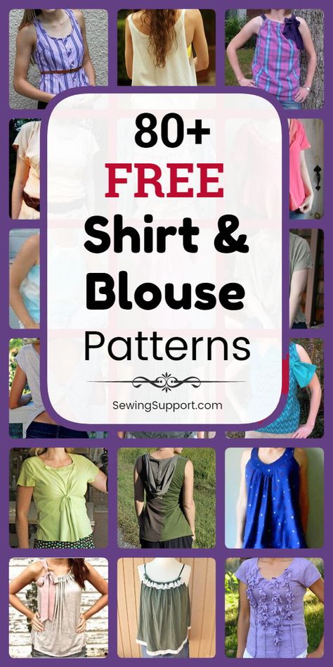 Sewing Patterns for Tops: 80+ free shirt & blouse sewing patterns, diy projects, and tutorials for women. Cute summer styles, simple tee refashions, knit and tank top styles and more. #SewingSupport #Tops #Shirt #Patterns #Blouse #Diy #Clothes #Sewing Patchwork, Sewing Patterns For Tops, Blouse Sewing Patterns, Diy Clothes Sewing, Shirt Blouse Pattern, Blouse Pattern Free, Tank Top Sewing Pattern, Ladies Tops Patterns, Shirt Patterns