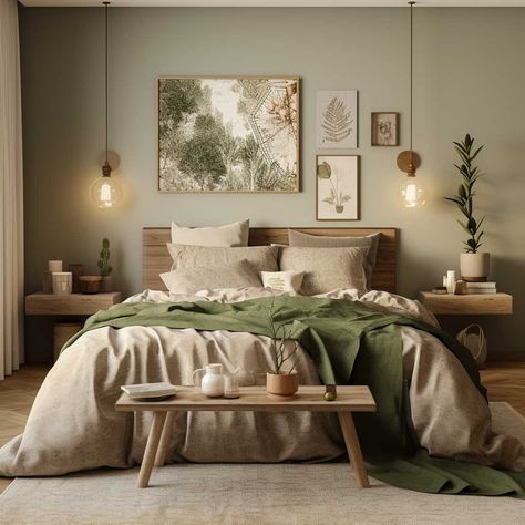 Minimalist House Decor, Boho Bedroom Decor Ideas, Wall Decora, Earthy Bedroom, Sage Green Bedroom, Warm Bedroom, Wall Decor Crafts, تصميم للمنزل العصري, Living Wall Decor