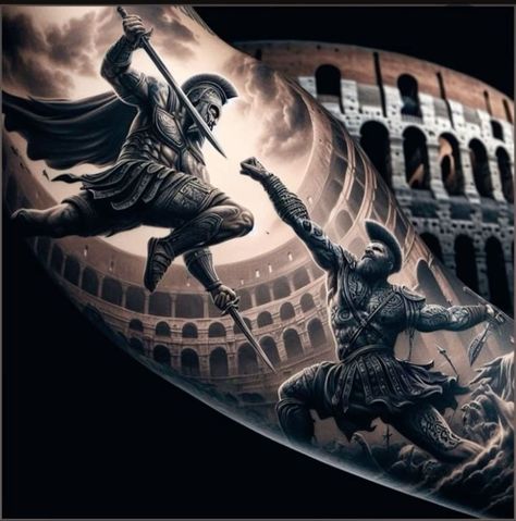 Roman Gods Tattoo Design, Spartan Sleeve Tattoos For Guys, Gladiator Tattoos For Men, Gods Tattoos Mythology, Biceps Tattoo Men, Warrior Sleeve Tattoo, Warrior Tattoos For Men, Roman Tattoo Ideas, Gladiator Tattoos