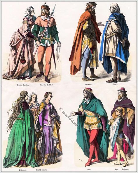 The History of costumes. From Ancient until 19th c. Ancient Rome Clothing, 14th Century Fashion, 14th Century Clothing, Ancient Greek Clothing, Hunting Dress, Middle Ages Clothing, English Clothes, Istoria Modei, German Costume