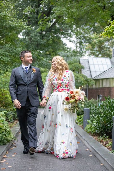 Whimsical, Colorful Floral Wedding Dress Traditional Mexican Wedding Dress, Traditional Mexican Wedding, Colorful Floral Wedding, Mexican Wedding Dress, Nontraditional Wedding Dress, Wedding Roles, Embroidered Wedding Dress, Eclectic Wedding, Alternative Wedding Dresses