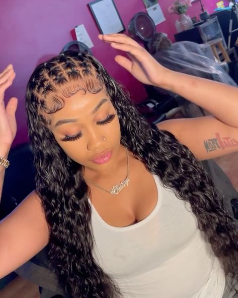 Quick Weave Hairstyles With Curly Hair, Deepwave Frontal Hairstyles No Part, Deep Wave Frontal Wig Hairstyles Braid, Deep Curly Lace Front Wig Hairstyles, Curly Lace Front Wig Styles, Curly Install Hairstyles, Cute Curly Lace Front Hairstyles, Wig Install Hairstyles Curly, Curly Wig With Fishtail Braid