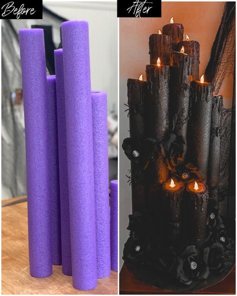 Halloween Candleabra Ideas, Fake Candles Diy, Pool Noodle Candles, Pool Noodle Halloween, Halloween Candles Diy, Halloween Candlesticks, Giant Candles, Pool Candles, Pool Noodle Crafts