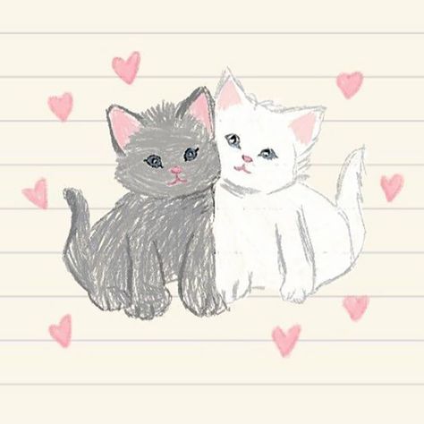 Kitten Drawing, Sketches Of Love, Cute Cat Drawing, Cat Sketch, Pretty Drawings, Dibujos Cute, Cat Posters, Grey Cats, Pink Cat