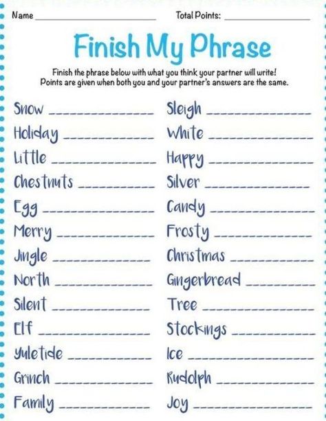 Holiday Gift Exchange Games, Finish My Phrase, Christmas Scattergories, Fun Christmas Party Games, Games Family, Icebreaker Activities, Holiday Party Games, Christmas Games For Kids, Christmas Jingles