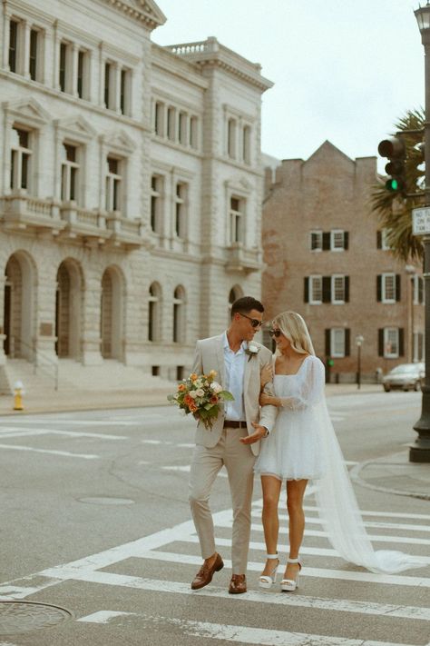 Classy Charleston Elopement - Valerie Detter Photography Courthouse Wedding Groom Outfit, Midsize Elopement Dress, Georgia Courthouse Wedding, Museum Bridal Photos, Elopement Pictures Courthouse, Romantic Courthouse Wedding, Charleston Courthouse Wedding, City Elopement Dress, Courtroom Wedding Photography