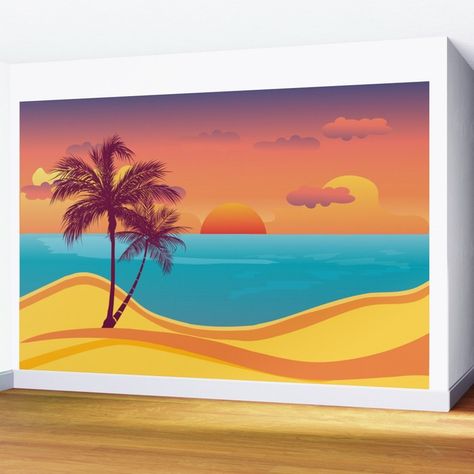 TROPICAL BEACH SUNSET, Wall Mural by Aptine, $400, Society6. All pinned decals are aptly designed to liven bedrooms and living room. They are crafted using nature-friendly materials and are also easy to install with minimal/no air pockets. Make a choice that appeals to your taste and confer a feeling of serenity on your abode. Washable with mild soap & water. #WallMural #WallDecor #WallArt #WallDecoration #Decoration #GraphicDesign #Clouds #View #Nature #Landscape #Sunset #Aptine Beach Theme Mural, Beach Wall Murals Backyard, Beach Sunset Mural, Beach Murals Outdoor, Beach Mural Ideas, Beach Mural Painted Wall, Hawaiian Mural, Beach Mural Painted, Beach Wall Painting