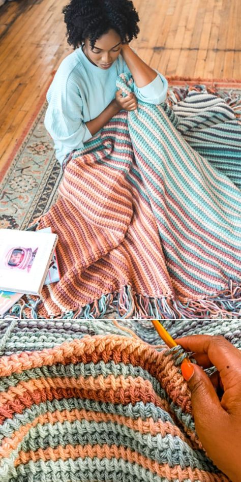 Four Color Crochet Blanket, Tunisian Crochet Blanket, Modern Haken, Striped Crochet Blanket, Modern Crochet Blanket, Tunisian Crochet Pattern, Crochet Throw Pattern, Tunisian Crochet Patterns, Chunky Crochet Blanket