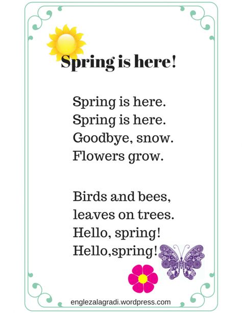English spring poems Kindergarten Chants, Preschool Spring Songs, Spring Poems For Kids, Spring Poems, Kids Songs With Actions, Summer Poems, Kindergarten Poems, English Poems For Kids, Preschool Poems