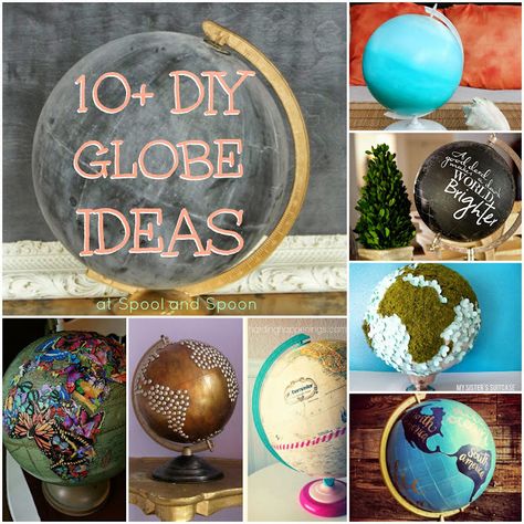 Reusing globes | ecogreenlove Old Globe Ideas Diy Projects, Diy Globe Projects, Vintage Globe Decor, World Globe Crafts, Painted Globe Diy, Globe Makeover, Globe Diy Projects, Globe Upcycle, Globe Display