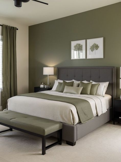 Simple Headboards, Grey Green Bedrooms, Room Color Ideas Bedroom, Green Room Ideas Bedroom, Bedrooms Inspiration, Green Bedroom Walls, Apartment Simple, Room Color Combination, Green Bedroom Decor