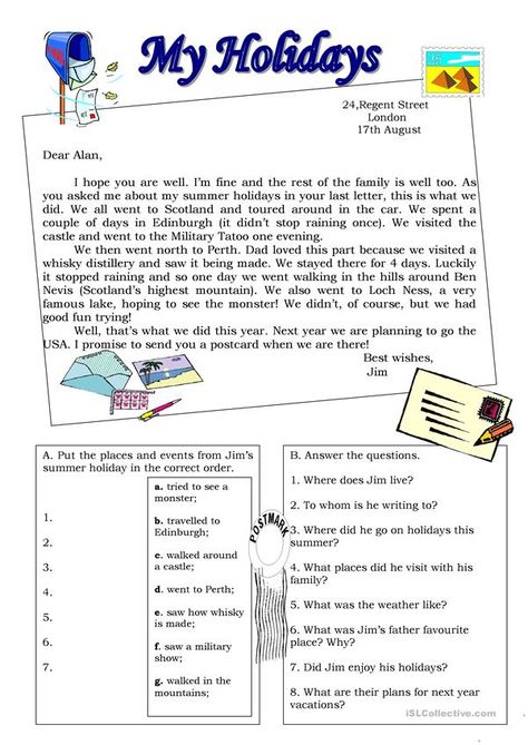 My holidays - Postcard - English ESL Worksheet for distance learning, home schooling and offline practice of English Holiday Reading Comprehension, Holiday Worksheets, Holiday Writing, Reading Comprehension Lessons, English Teaching Resources, English Exercises, Reading Practice, Comprehension Worksheets, Reading Comprehension Passages