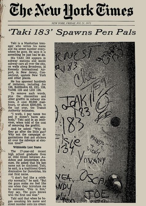 The Legendary TAKI 183 on Tagging, <em>The New York Times</em>, the… Art, History, Graffiti, Writing, Inside Car, New Times, New York Times, New York