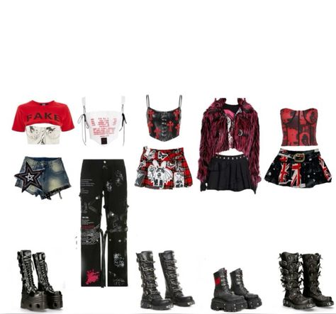 red and black, rockstar, punk vibes, stage outfit Band Member Outfits, Red Stage Outfits Kpop, Stage Outfits Red, Kpop Stage Outfits Ideas 5 Members, Black And Red Outfits, Pop Punk Outfits, Black Rockstar, Rock Star Outfit, Silver Outfits