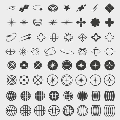 Y2K symbols. Retro star icons, trendy acid rave and graphic elements for posters and streetwear fashion design vector set Y2k Fashion Graphic Design, Cool Star Design, Y2k Star Design, Y2k Design Elements, Y2k Pattern Design, Graphic Design Icons Symbols, 90s Iconography, Cool Shapes Design, 80s Symbols