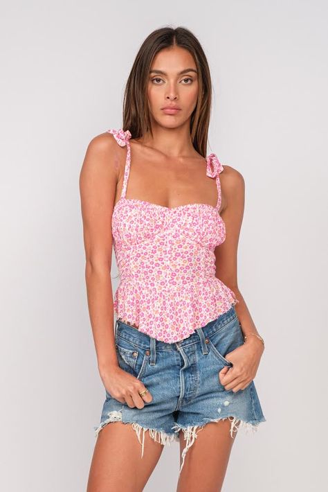 Top With Tie Straps, Pink Flower Top, Pink Flowy Top, Tie Strap Top, Crop Tops For Women, Pink Floral Top, Floral Peplum Top, Boho Pink, Floral Peplum