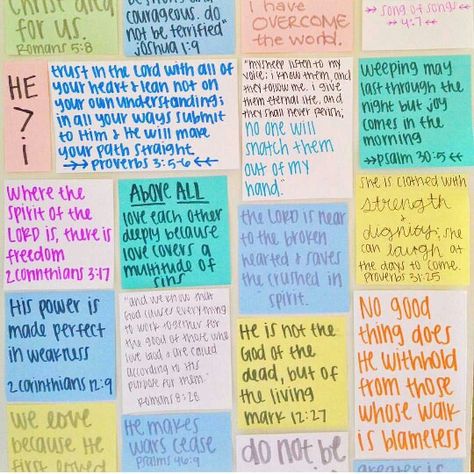 Keep bible verses on sticky notes and put them on your wall! Christian Sticky Notes Aesthetic, Sticky Notes Quotes, Encouragement Notes, Journal Bible Quotes, Mirror Quotes, Bible Cards, Cute Bibles, Bible Journal Notes, Bible Doodling