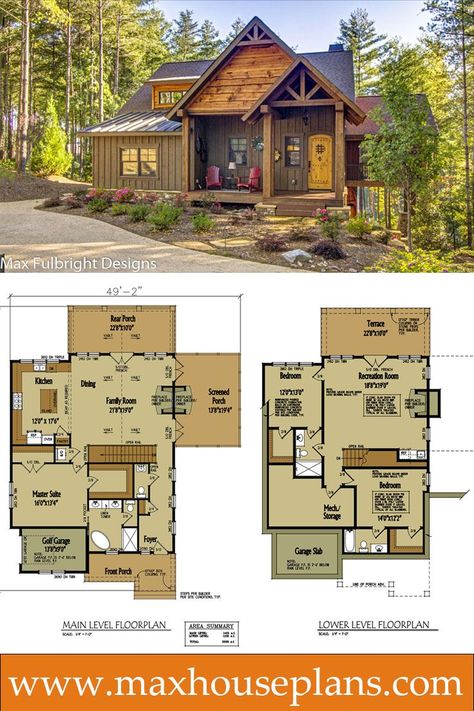 Small rustic cabin design with open floor plan by Max Fulbright. #houseplans Small Cabin Homes, Rustic Cabin Plans, Small Rustic Cabin, Rustic Cabin Design, Cabin Build, Plan Chalet, House Lake, House Work, Cabin House